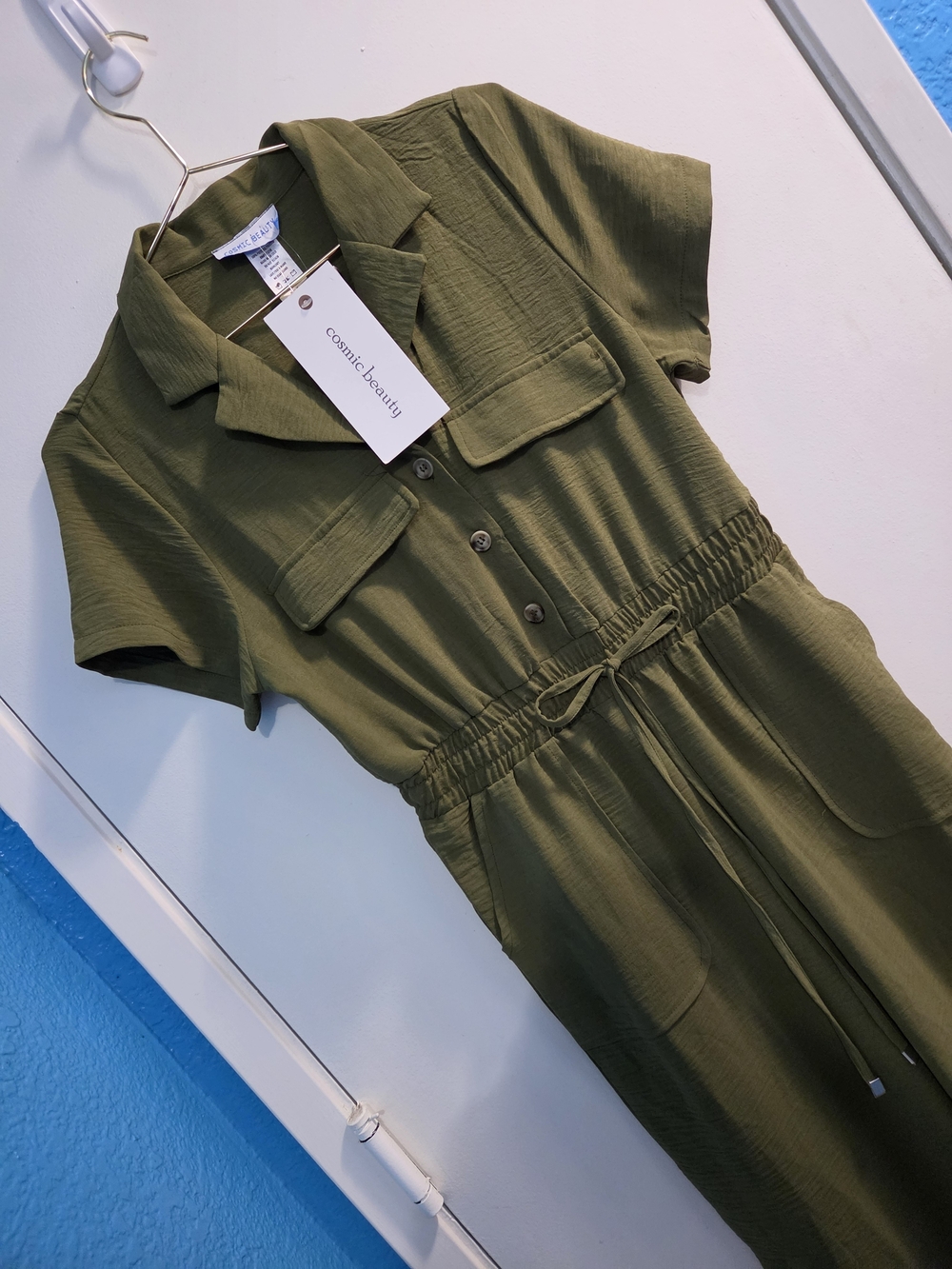 NWT Cosmic Beauty Army Green Drawstring Jumpsuit Medium
